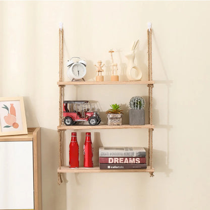 Wooden Floating Shelves with Hanging Rope - 1/2/3 tier