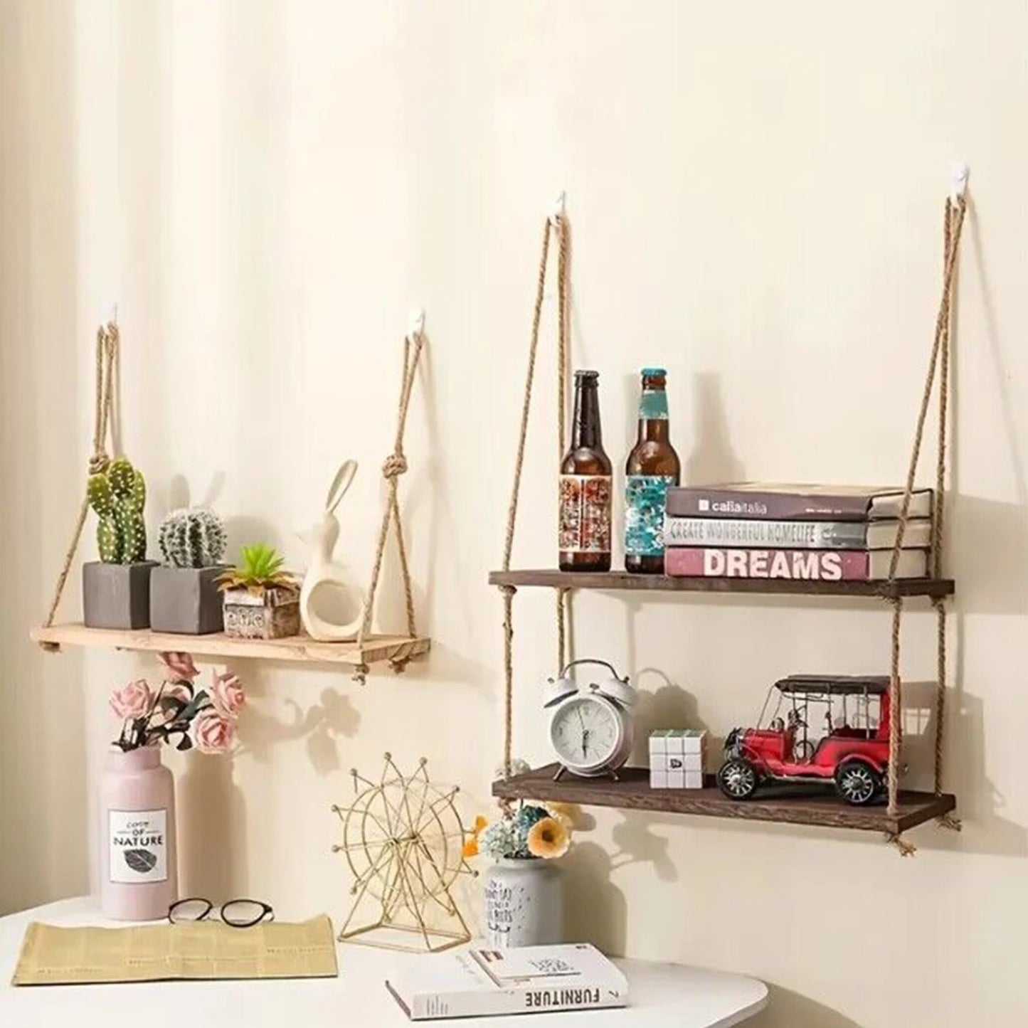 Wooden Floating Shelves with Hanging Rope - 1/2/3 tier