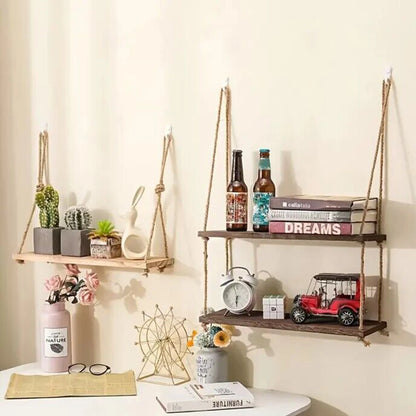 Wooden Floating Shelves with Hanging Rope - 1/2/3 tier