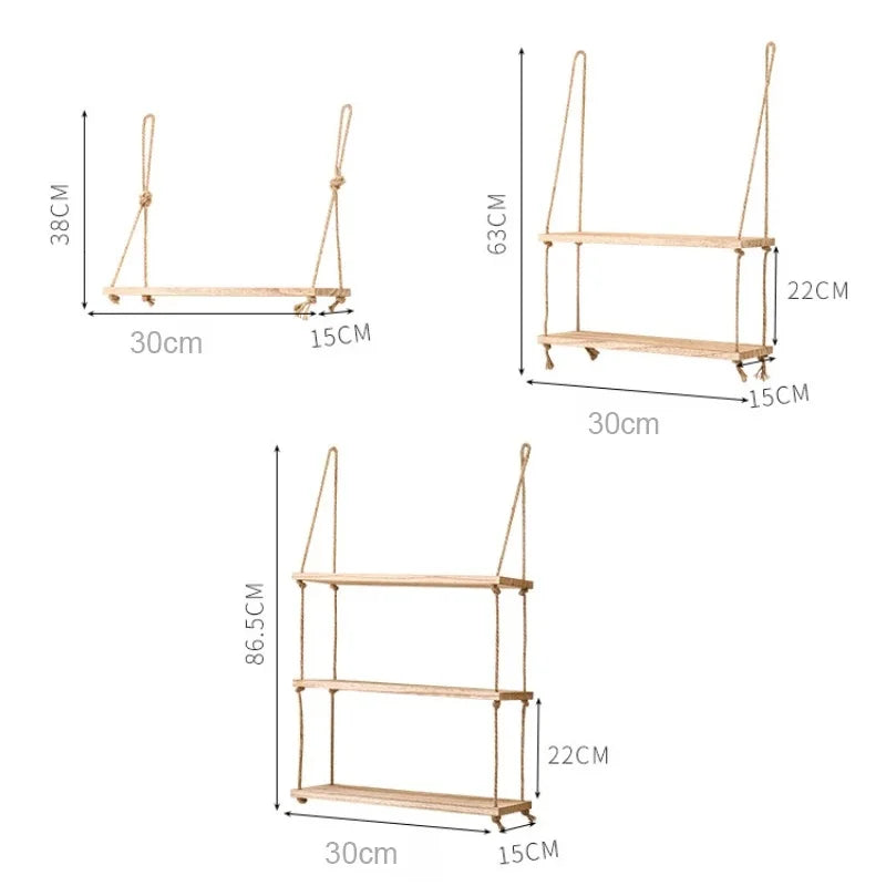 Wooden Floating Shelves with Hanging Rope - 1/2/3 tier