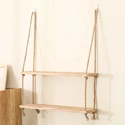 Wooden Floating Shelves with Hanging Rope - 1/2/3 tier