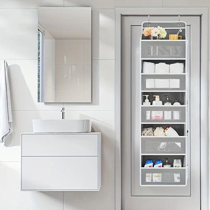 5-Shelf Hanging Storage Organizer - Behind Door features 5 large pockets, perfect for bedroom or bathroom organization.
