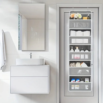 5-Shelf Hanging Storage Organizer - Behind Door features 5 large pockets, perfect for bedroom or bathroom organization.