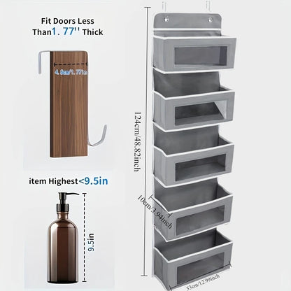 5-Shelf Hanging Storage Organizer - Behind Door, Anti-Tilt, perfect for bedroom or bathroom with 5 large capacity pockets.