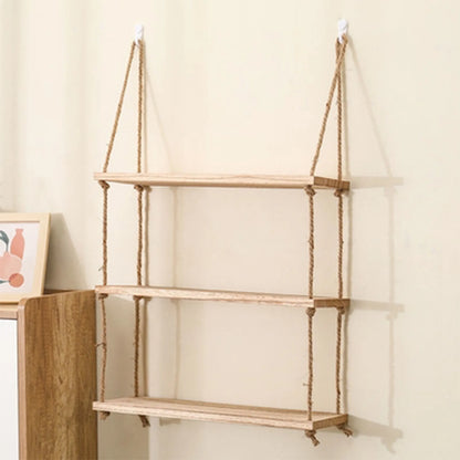 Wooden Floating Shelves with Hanging Rope - 1/2/3 tier