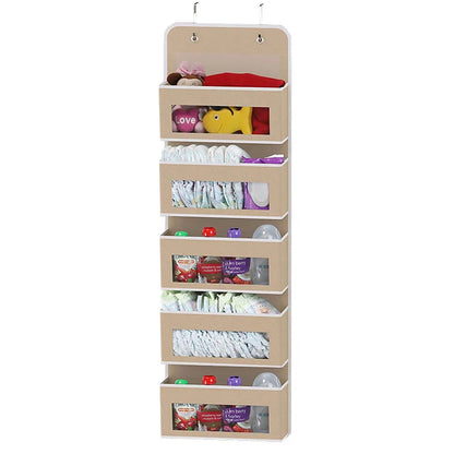 5-Shelf Hanging Storage Organizer - Behind Door, Anti-Tilt, featuring 5 large pockets, ideal for bedroom or bathroom use.