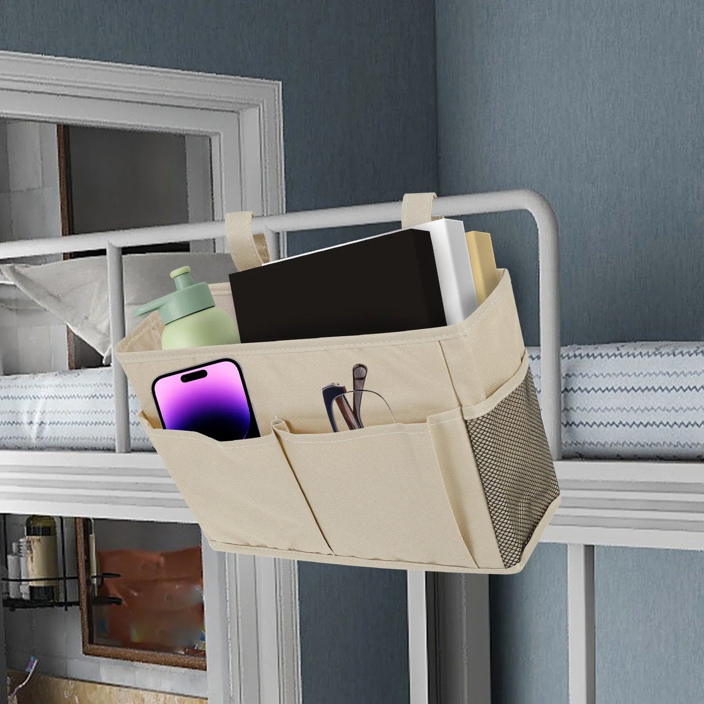 Bedside Caddy Organizer – 4-Pocket Cotton Caddy Organizer for Dorm Rooms, Bedrooms