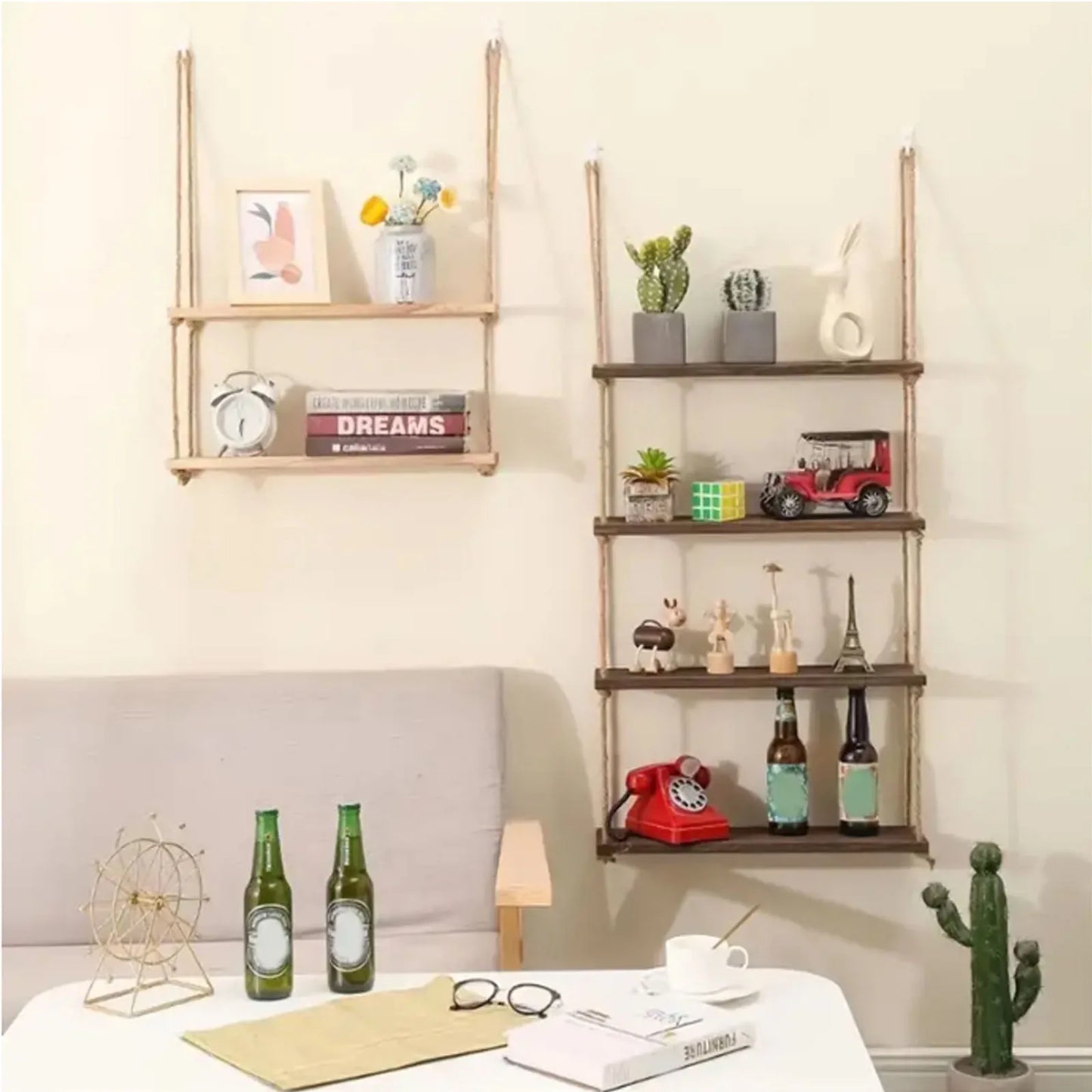Wooden Floating Shelves with Hanging Rope - 1/2/3 tier